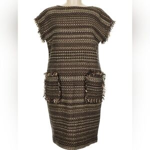 St. John Tweed Brown Gold Dress Pockets Fringe Details Size 14 Luxury Career